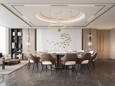 Modern Private Room Interior Design With Round Dining Table Luxury Chandeliers And Decorative Walls 3d model
