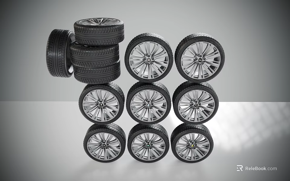 Multiple Automotive Tires Neatly Stacked And Arranged With Stylish Alloy Rims 3d model 