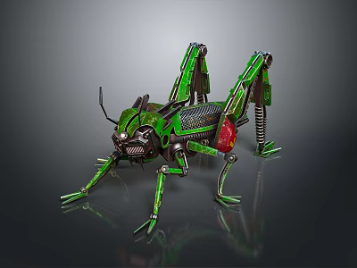 Mechanical Green Grasshopper With Metal Structure Red Details Spring Legs And Black Eyes 3d model