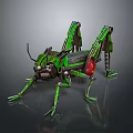 Mechanical Green Grasshopper With Metal Structure Red Details Spring Legs And Black Eyes