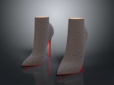 Stylish Patterned High Heels With Red Heels And Gray Geometric Upper Design 3d model