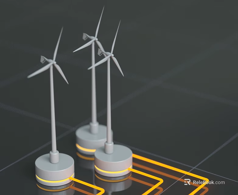 Wind Turbine Building Components With Circular Bases And Yellow Connecting Lines 3d model 