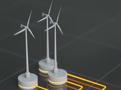Wind Turbine Building Components With Circular Bases And Yellow Connecting Lines 3d model