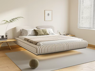 Modern Beige Double Bed with Headboard Under Bed Lighting in Minimalist Bedroom Interior with Nightstand 3d model