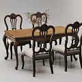 Classic Traditional Dining Table Set with Carved Wooden Frame Upholstered Seats and Floral Centerpiece