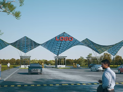 Modern Geometric Arch Entrance Gate Structure With Logo Vehicles And Pedestrians 3d model