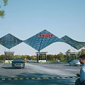 Modern Geometric Arch Entrance Gate Structure With Logo Vehicles And Pedestrians