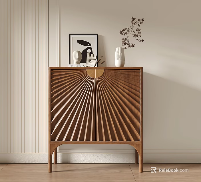 Minimalist Wooden Entryway Side Cabinet With Sunburst Design And Decorative Vase 3d model 