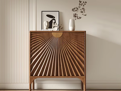 Minimalist Wooden Entryway Side Cabinet With Sunburst Design And Decorative Vase 3d model