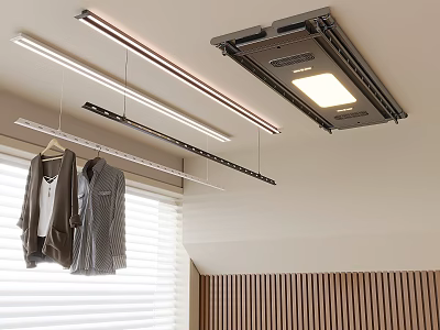 Modern Interior With Hanging Clothes Rack Lighting Blinds And Wooden Wall Panel 3d model