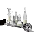 Hand Drawn Wine Bottles and Glasses in Various Shapes with Liquid on Decorative Tray