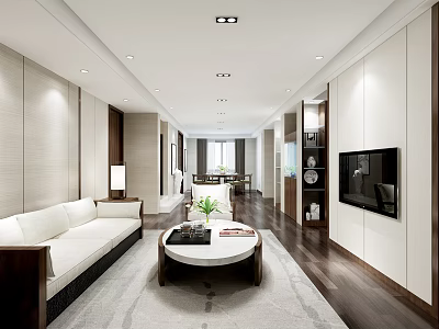 Modern Living Room Interior With White Sofa Round Coffee Table Wooden Floor and TV Wall 3d model