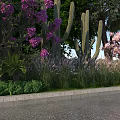 Vibrant Purple Flowers and Pink Blossoms Roadside Landscape With Cactus Palm Trees Green Grass