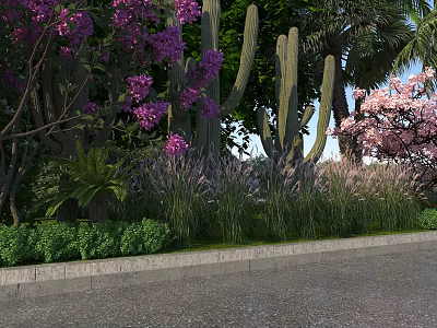 Vibrant Purple Flowers and Pink Blossoms Roadside Landscape With Cactus Palm Trees Green Grass 3d model
