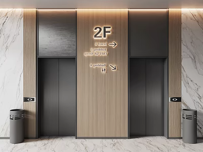 Elevator Hallway With 2F Signage Directional Arrows Marble Wooden Walls And Trash Bins 3d model