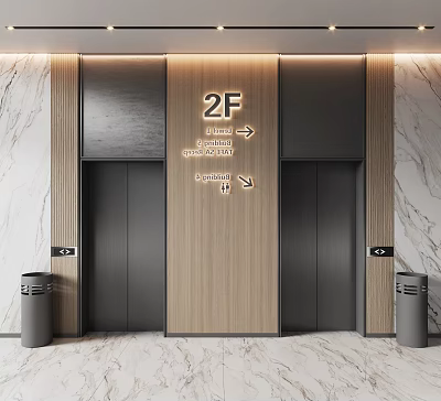 Elevator Hallway With 2F Signage Directional Arrows Marble Wooden Walls And Trash Bins 3d model