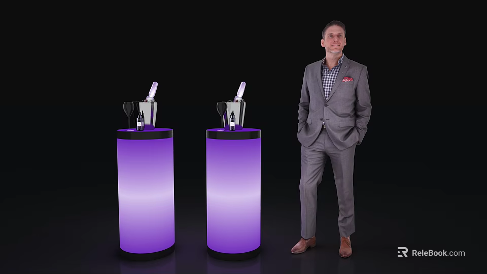 Purple Illuminated Cylindrical Bar Counters With Wine Glasses And Man In Suit Standing Beside 3d model 