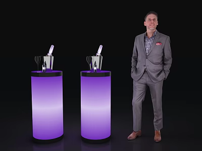 Purple Illuminated Cylindrical Bar Counters With Wine Glasses And Man In Suit Standing Beside 3d model