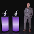 Purple Illuminated Cylindrical Bar Counters With Wine Glasses And Man In Suit Standing Beside