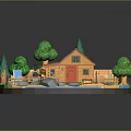 3D Miniature Scene Featuring Small House Brown Roof Green Trees Little Figure Path Rocks Water