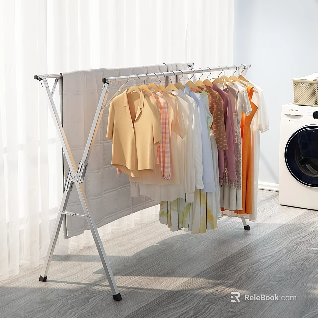 Sturdy Foldable Clothes Rack With Hanging Clothes Near Washing Machine And Curtain 3d model 