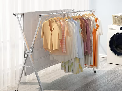 Sturdy Foldable Clothes Rack With Hanging Clothes Near Washing Machine And Curtain 3d model