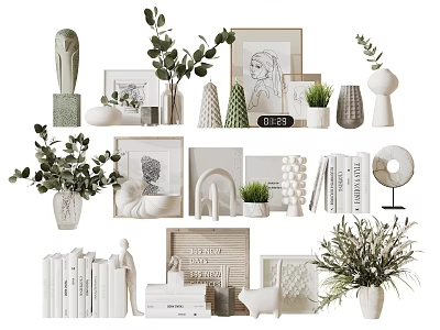 Decorative Ornament Collection With Green Plants Picture Frames Sculptures Books And Vases 3d model