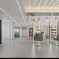 Modern Hair Salon Interior With Stylish Hairdressing Chairs Mirrors Ceiling Lights And Product Shelves
