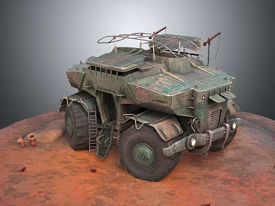 Military Armored Vehicle With Green Camouflage Multi Wheel And Roof Antenna On Rusty Red Ground 3d model