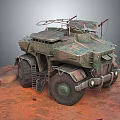 Military Armored Vehicle With Green Camouflage Multi Wheel And Roof Antenna On Rusty Red Ground