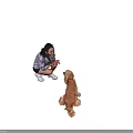Smiling Woman in Purple Patterned Top Squatting to Interact with Brown Cocker Spaniel