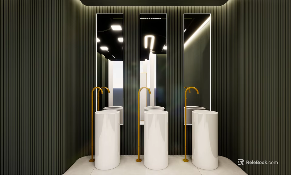 Modern Public Restroom With Three White Cylindrical Sinks Gold Faucets Black Vertical Striped Walls Mirrors 3d model 