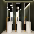 Modern Public Restroom With Three White Cylindrical Sinks Gold Faucets Black Vertical Striped Walls Mirrors