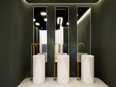 Modern Public Restroom With Three White Cylindrical Sinks Gold Faucets Black Vertical Striped Walls Mirrors 3d model