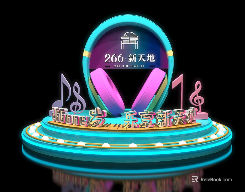 Neon Headphones And Musical Notes On Stage For 266 New World Celebration 3d model 
