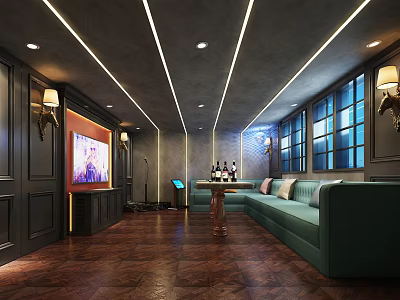 Modern KTV Interior Design With Green Sofa TV Screen Wine Bottles And Lighting 3d model