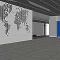 Modern Lobby Reception Desk With World Map Wall And Blue Chairs