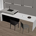 Modern Bar Counter with White Top Sink and Stove Two Gray Chairs and Hanging Lights