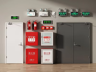 Modern Fire Equipment Setup With Fire Extinguishers Fire Cabinets Control Panels And Fire Doors 3d model
