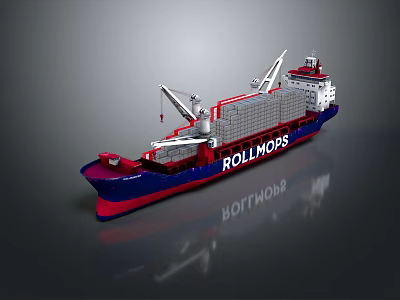 ROLLMOP Container Cargo Ship Featuring Deck Cranes Stacked Containers and Blue Red Hull 3d model