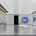 Modern Exhibition Hall With White Display Stands Digital Screens And Blue Pendant Lights