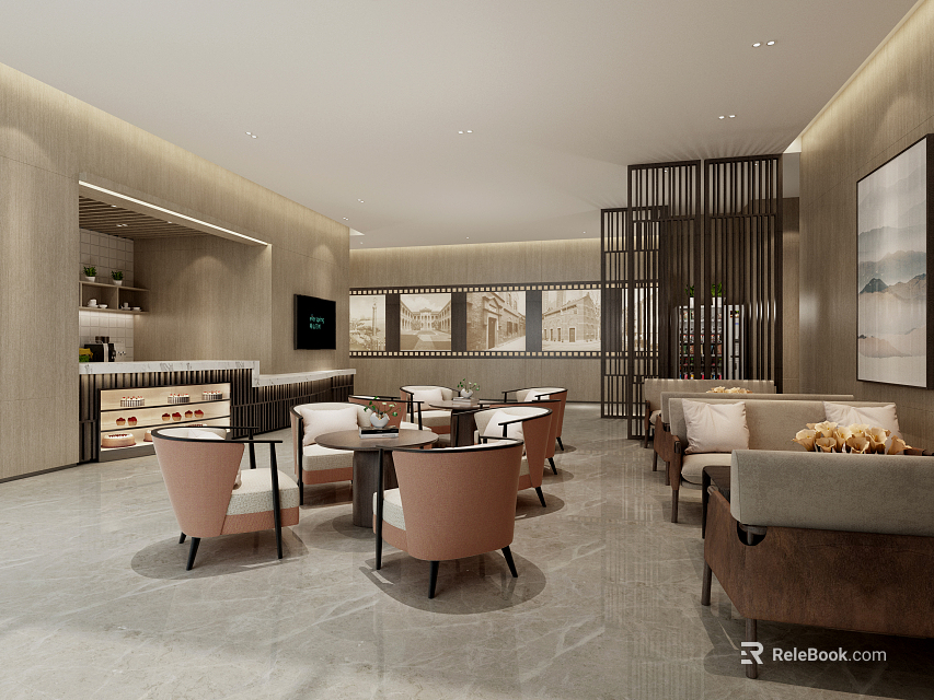 Modern Luxury Hotel Public Lounge Area With Sofa Chairs Bar Wooden Partitions And Marble Floors 3d model 