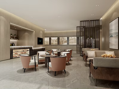 Modern Luxury Hotel Public Lounge Area With Sofa Chairs Bar Wooden Partitions And Marble Floors 3d model