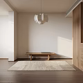 Minimalist Bedroom Interior With Wooden Headboard Pendant Light Nightstand And Area Rug