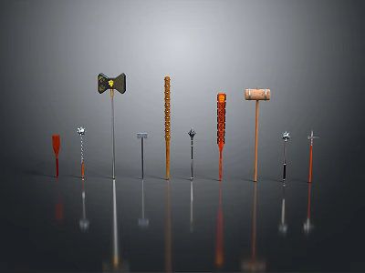 Various Medieval Weapons Displayed on Dark Background With Metallic And Wooden Handles Showing Shiny Reflections 3d model