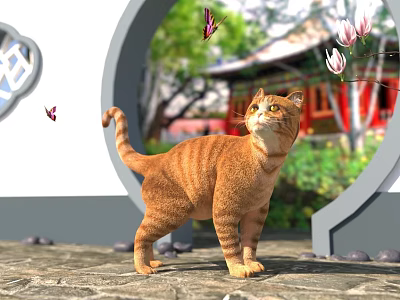 Orange Cat Standing in Courtyard with Butterflies Magnolia Flowers and Traditional Chinese Architecture 3d model