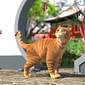 Orange Cat Standing in Courtyard with Butterflies Magnolia Flowers and Traditional Chinese Architecture