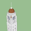 White Clock Tower With Red Dome Arched Doorways And Black Railings