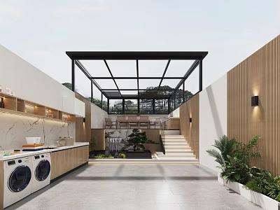 Modern Outdoor Space With Glass Roof Wooden Cabinets Laundry Area Stairs And Plants 3d model