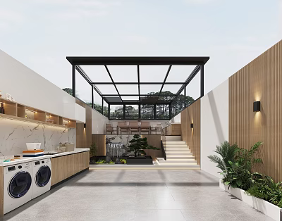 Modern Outdoor Space With Glass Roof Wooden Cabinets Laundry Area Stairs And Plants 3d model